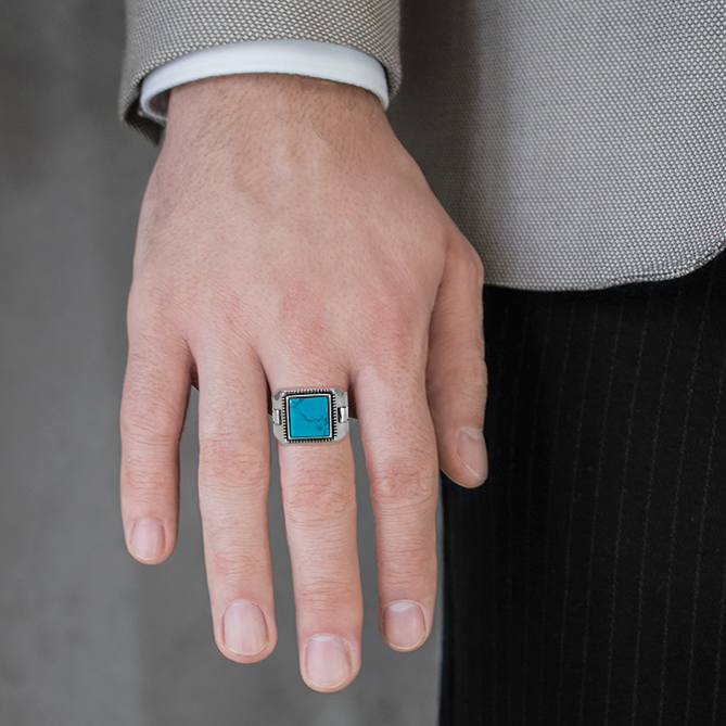 Turquesa plana cuadrada hombre Anillos oyster strap N.3