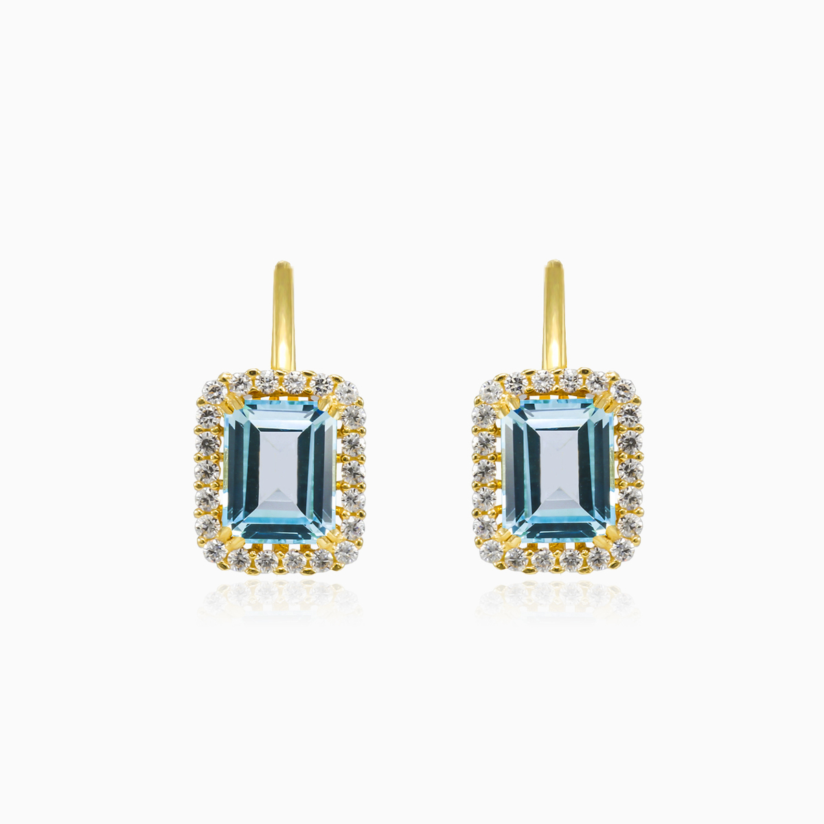 Halo emerald-cut blue topaz gold earrings Женские Серьги Royal N.1